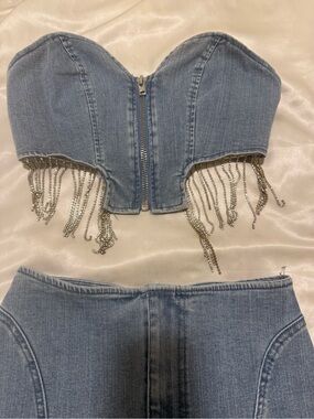 Light Blue Denim Corset Top with rhinestone Fringe